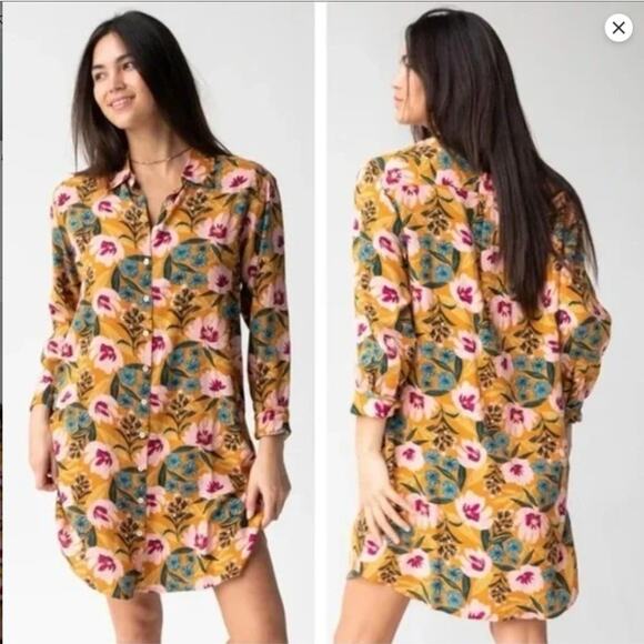 Natural Life Floral Shirt Dress Yellow Coastal Boho Tunic Sz S Artsy Resort wear - Picture 1 of 8